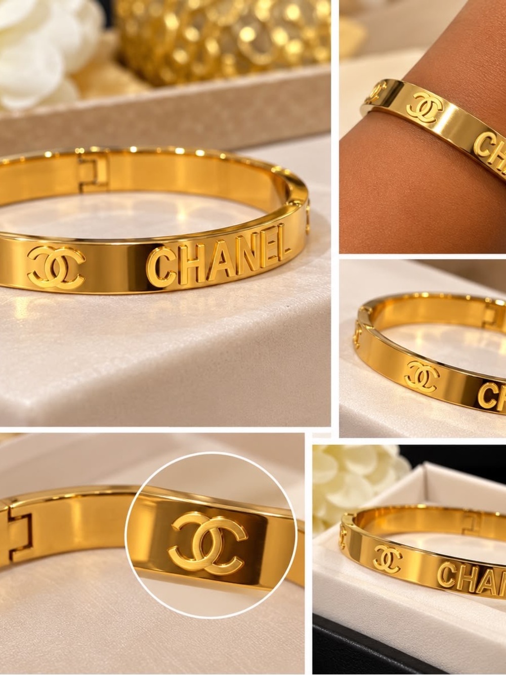 Gold CC Logo & Lettering Hinged Bangle Bracelet